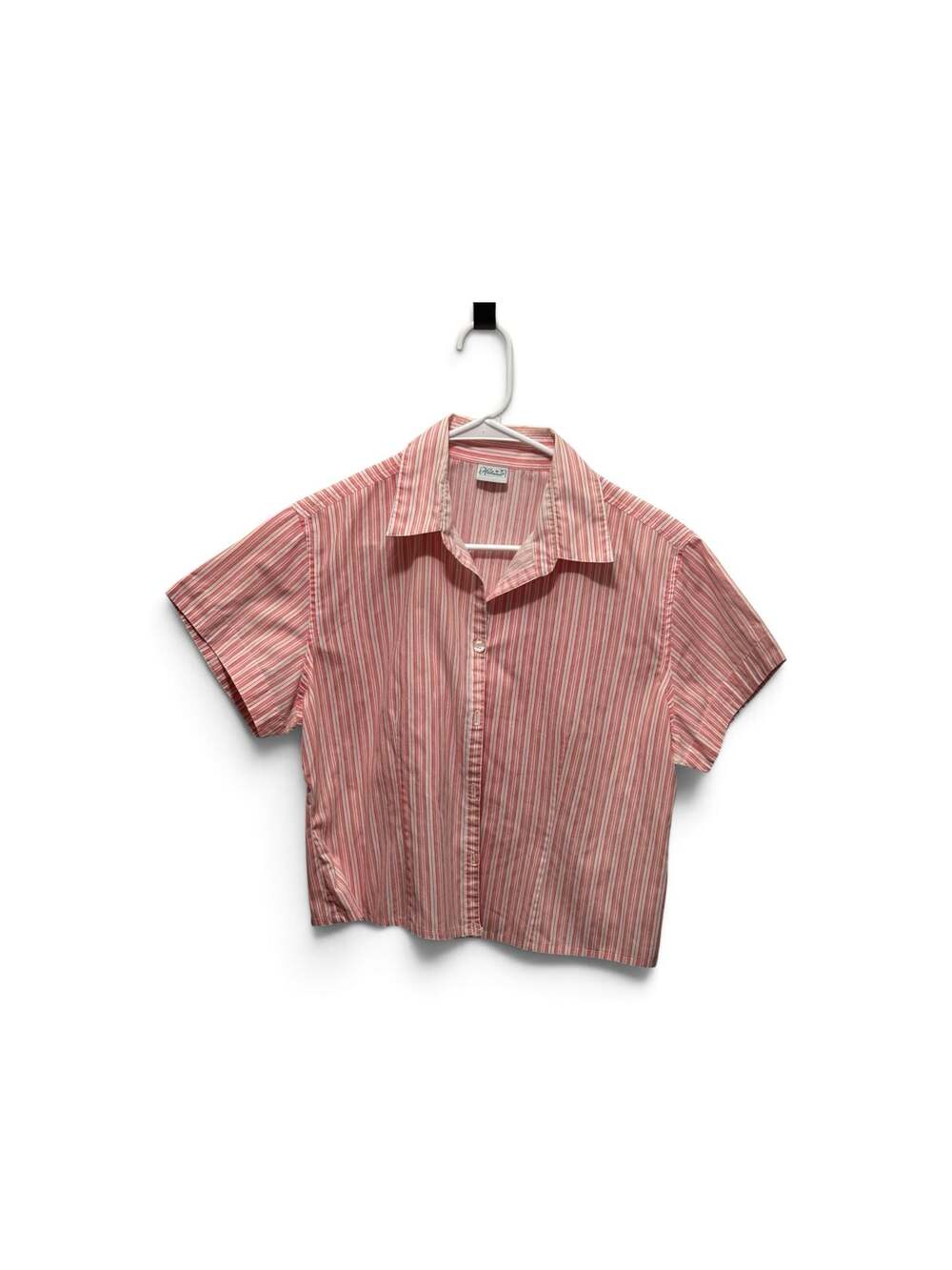 Haband Women Coral Pink and White Striped Short Sleeve Button-Up Shirt Blouse